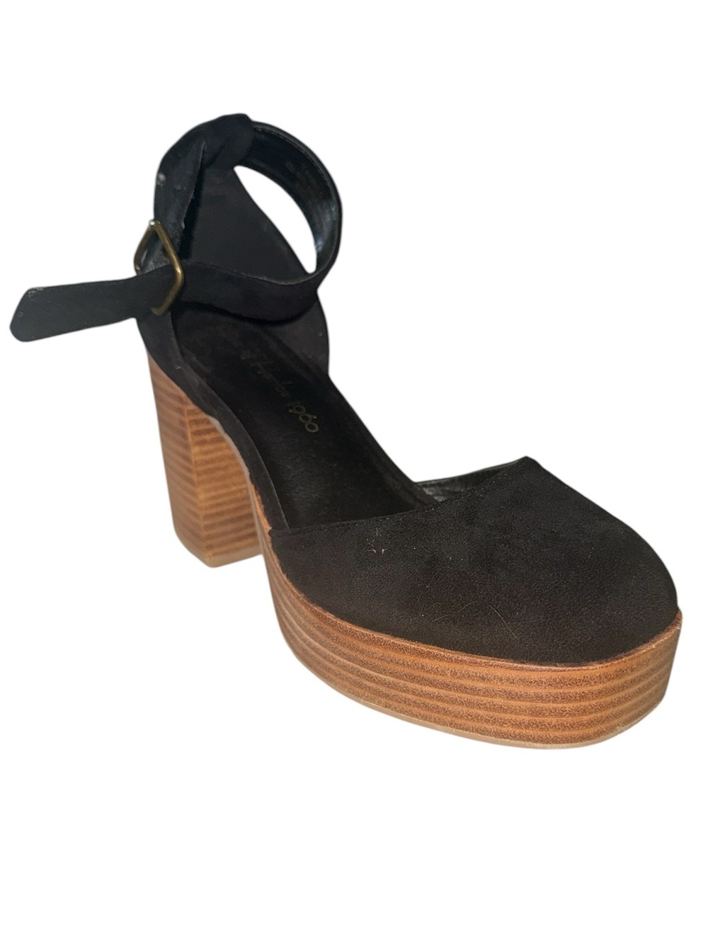 House of Harlow 1960 Tanner black suede platform sandal with a chunky wood-grain